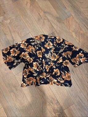 West Kei Navy Floral Tie-Front Blouse with Orange Blooms